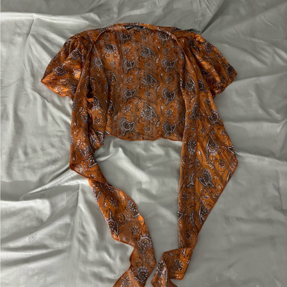 SHEIN orange front tie cropped shirt. Size S.